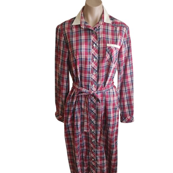 Vintage Lanz 1970s Belted Shirt Dress Western Red White Plaid Print Size 11/12 - Picture 4 of 16